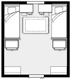 a floor plan for a bedroom with two beds and a desk in the middle,