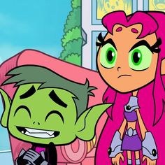 an animated image of two cartoon characters, one with pink hair and the other green