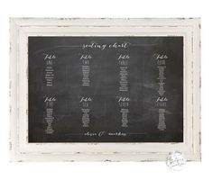 a chalkboard with the names and dates for each wedding day, on display in a white frame