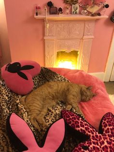 a cat laying on top of a bed next to some pillows and stuffed animals in front of a fire place