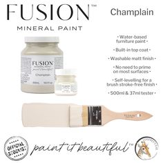 a white paint brush with the words fusion mineral paint on it and an image of a bottle