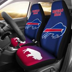 two buffalo bills car seat covers on the front and back of a vehicle with red, white and blue seats