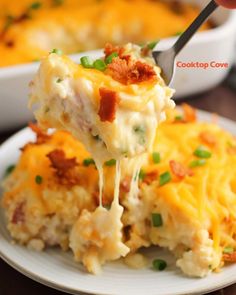 a person is holding a fork full of cheesy casserole on a white plate