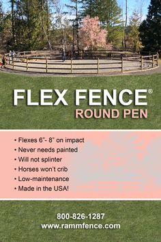 an advertisement for a round pen with horses in the background