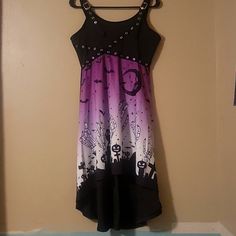 Halloween Skull Print Summer Dress. Adjustable Buckle Straps Cute And Spunky! Halloween Fairy Grunge Sleeveless Dress, Black Pastel Goth Dress For Halloween, Pastel Goth Black Dress For Halloween, Purple Pastel Goth Party Dress, Pastel Goth Dress For Halloween Costume Party, Pastel Goth Halloween Costume Party Dress, Emo Halloween Night Out Dresses, Purple Gothic Dress For Costume Party, Gothic Purple Dress For Costume Party