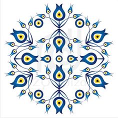 an ornate blue and yellow design on a white background