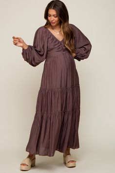 Brown Smocked Front Cutout Tiered Maternity Maxi Dress Fall Baby Shower Dress, Brown Maternity Dress, Maternity Wedding Guest Dress, Maternity Holiday Dress, Pretty Fall Dresses, Winter Maternity Dress, Flowy Maternity Dress, Fall Maternity Dress, Long Sleeve Maternity Dress