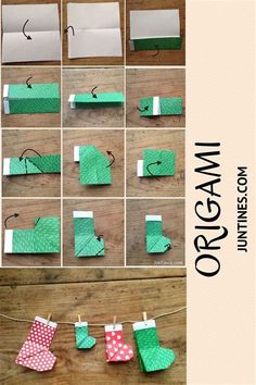 an origami christmas stocking is hanging on a clothes line and the instructions to make it