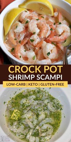 shrimp scampp in a white bowl with lemon wedges