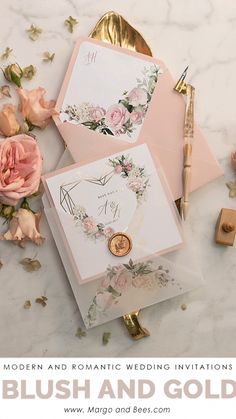 wedding stationery with pink roses and gold calligraphy on marble background, including envelope