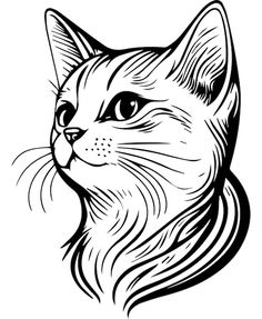 a black and white drawing of a cat's face