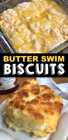 butter swim biscuits on a plate next to a casserole