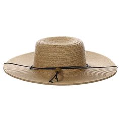 Flat crown and flat brim bolero style sun hat. Woven and braided toyo crown. Wide brim, 4", provides excellent sun protection. Vegan leather chin tie. Adjustable drawstring inside crown. UPF 50+ sun protection hat. One size, 57.5 cm. 100% toyo braid Adjustable Toquilla Straw Sun Hat With Curved Brim, Adjustable Flat Brim Straw Hat With Uv Protection, Adjustable Straw Boater Hat For Rodeo, Adjustable Summer Boater Hat With Flat Brim, Adjustable Wide Brim Toquilla Straw Hat, Adjustable Brimmed Panama Hat With Uv Protection, Western Style Braided Sun Hat With Flat Brim, Adjustable Toquilla Straw Hat With Flat Brim, Country Style Wide Brim Straw Boater Hat