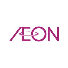 the aeon logo is shown on a white background with pink letters and an orange circle