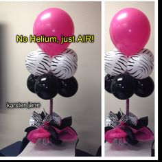 two pictures of balloons with zebra print and black and white stripes on them, one has a pink bow