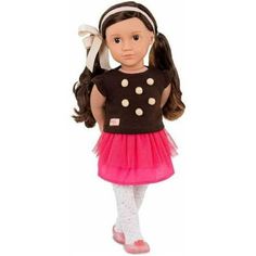 the doll is wearing a black top and pink skirt