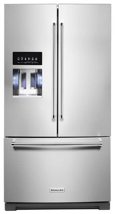 a stainless steel refrigerator freezer with the door open and water dispenser