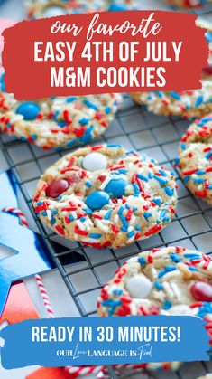 patriotic cookies with red, white and blue sprinkles on a cooling rack