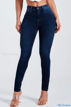 OrcaJump - Womens Blue Solid Patchwork High-Waisted Skinny Denim Jeans Fitted High Waist Denim Jeggings, Fitted High-waist Denim Jeggings, Blue Stretch High Waist Jeans, High Waist Dark Wash Denim Jeggings, Blue Mid-rise Denim Jeggings, High Rise Denim Blue Jeggings, Fitted Slim Dark Wash Bottoms, Blue Slim Denim Jeans, Fitted High Waist Dark Wash Jeggings