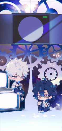 two anime characters standing next to each other in front of a tv screen with gears on it