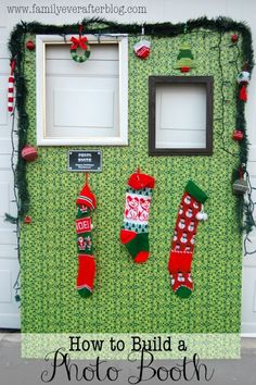 an image of christmas stockings hanging on the wall with text overlay that reads how to build a santa booth