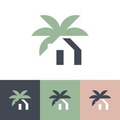 a house with a palm tree on the roof and two arrows pointing up to it