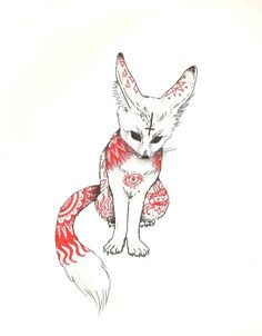 an ink drawing of a fox wearing a red and white bandanna around its neck