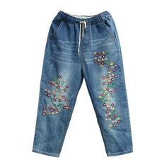 Lady Jeans Crop Pants Loose Drawstring Floral Embroidery Casual Denim Trousers Please be reminded that due to lighting effects and monitor brightness/contrast setting, the color tone of the website photo and the actual item could be slightly different. Please note this is in Asian sizing, smaller than western size e.g. UK, US, AU. Please check the measurements carefully before making a purchase. Please allow 2-4cm discrepancy due to different measurement method. If you are not sure which size to Embroidered Wide Leg Denim Blue Pants, Embroidered Denim Blue Pants, Non-stretch Denim Blue Bottoms With Floral Embroidery, Blue Embroidered Spring Pants, Spring Embroidered Denim Blue Pants, Casual Embroidered Denim Blue Bottoms, Embroidered Denim Blue Casual Bottoms, Embroidered Non-stretch Denim Pants, Casual Embroidered Denim Pants