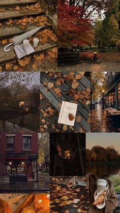 a collage of photos with autumn leaves and books