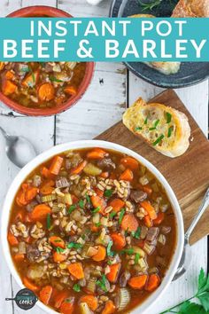 two bowls of instant pot beef and barley soup with bread on the side, in front of them