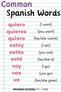 the words in spanish and english are written on lined notebook paper with pink writing that says,