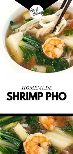 two pictures of shrimp and vegetable soup with chopsticks in the bottom left side