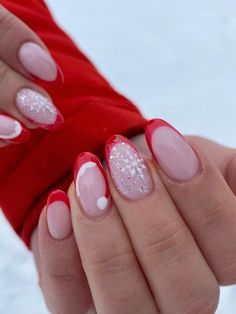 red french tip nails with snowflake and santa hat Nails In December, Red French Tip With Snowflake, Christmas French Tip Nails, Nails December, Christmas Nails Ideas, Nails Xmas, Festive Christmas Nails, Christmas Nails Diy