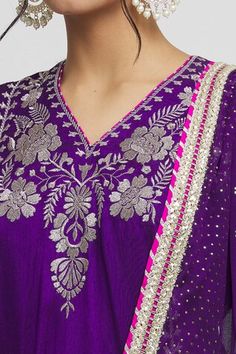 Purple kurta with thread, gota embroidery in floral pattern. Paired with dhoti pant and dupatta. - Aza Fashions Purple Palazzo Set With Pallu For Navratri, Traditional Purple Palazzo Set For Diwali, Festive Chanderi Palazzo Set With Motifs, Purple Sharara With Motifs In Traditional Drape, Purple Motif Sharara With Traditional Drape, Designer Motif Palazzo Set For Diwali, Purple Motifs Sharara With Traditional Drape, Purple Palazzo Set With Chikankari Embroidery For Festive Occasion, Designer Diwali Palazzo Set With Motifs