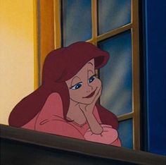 ariel from the little mermaid looking out an open window with her hand on her chin