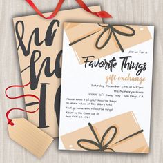 two gift tags with red ribbon tied around them and the tag says favorite things give exchange