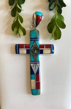 Turquoise inlay cross pendant  Multi color cross pendant with stones: Black onyx  Lapis Blue turquoise  MOP Coral Sterling silver Length: 3 inches Width: 1 1/2 inches Free ship in USA Cat Portrait Painting, Lapis Blue, Cat Portrait, Turquoise Earrings, Blue Turquoise, Silver Blue, Turquoise Jewelry, Turquoise Blue, Sterling Silber