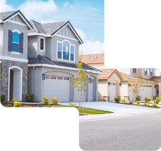 the front and side view of a house with two garages on each side of it