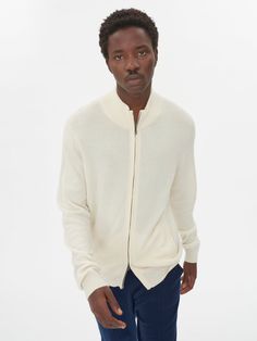 Men's Cashmere Full-Zip Cardigan Marshmallow - Gobi Cashmere Studio Shots, Cardigan White, Zip Cardigan, Collar Cardigan, Cashmere Cardigan, Strike A Pose, Stand Collar, Cashmere, Luxury Fashion