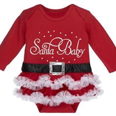 100% Cotton Knit Long Sleeve Snap One Piece Santa Baby With Silver Glitter Accents Built In Tulle Tutu Ruffles Additional Sizing: Chest: 91/4" W. Center Back: 143/4" L. 100% Cotton Knit Fits 0-6 Months Halloween Tutu Costumes, Penguin Onesie, Baby Bear Onesie, Diaper Shirt, Halloween Tutu, Disney Handbags, Bags Leather Handbags, Tutu Costumes