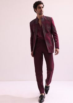 Maroon Linen Satin Hand Embellished Jodhpuri Set Groom Indo Western Outfit, Open Jodhpuri, Indo Western Men, Jodhpuri Suits For Men Wedding, Achkan For Men, Chinese Collar Shirt, Marriage Clothes, India Fashion Men, Formal Aesthetic