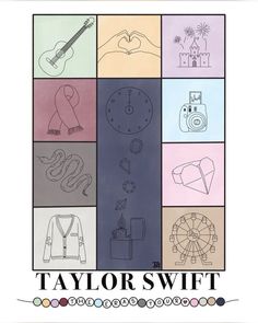 the cover of taylor swift's album, featuring images of different items and words