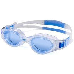 a pair of swimming goggles with blue lenses on the front and side of the goggles