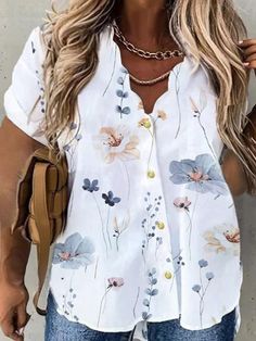 An exclusive offer for you——Affordable prices at Zolucky store, SPU: 294PBL3S87B9, Color: White, Material:Polyester, Clothes Length:Regular. Plus Size White, White Shirts Women, Blouse Style, Blouse Material, Floral Print Shorts, Blouse Online, Mode Online, Women Shirts Blouse, V Neck Blouse