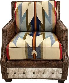 an upholstered chair with a colorful pattern on it