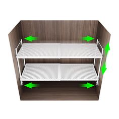 two shelves with green arrows pointing to each other