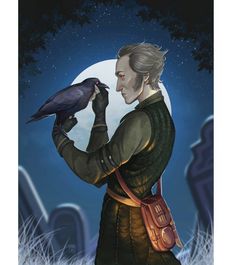 a painting of a man holding a bird in front of a full moon and graveyard