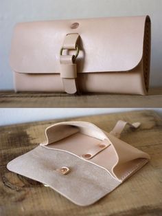 two images of a white purse on top of a wooden table