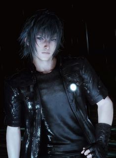 a man with black hair and leather clothes standing in the rain holding his hands on his hips