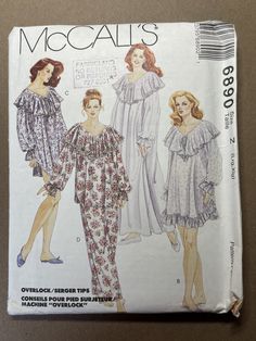 McCalls 6890. Sizes Large and Extra large. This pattern has not been cut. It still has the factory fold. Misses' Nightgown, Nightshirt and Pyjamas: Loose-fitting nightgown view A, nightshirt view B and C or pyjama top view D have long raglan sleeves with elastic through casing forming ruffles, ruffle type collar and optional lace and ribbon bow trim, view A has lace collar; view B has lower ruffle; pyjama pants view D has elastic through fold back waist casing. Pretty Pajamas, Women Nightwear Dresses, Pajamas Pattern, Nightgown Pattern, Lingerie Patterns, Women's Sewing Pattern, Pajama Pattern, Mccalls Sewing Patterns, Women's Pajamas